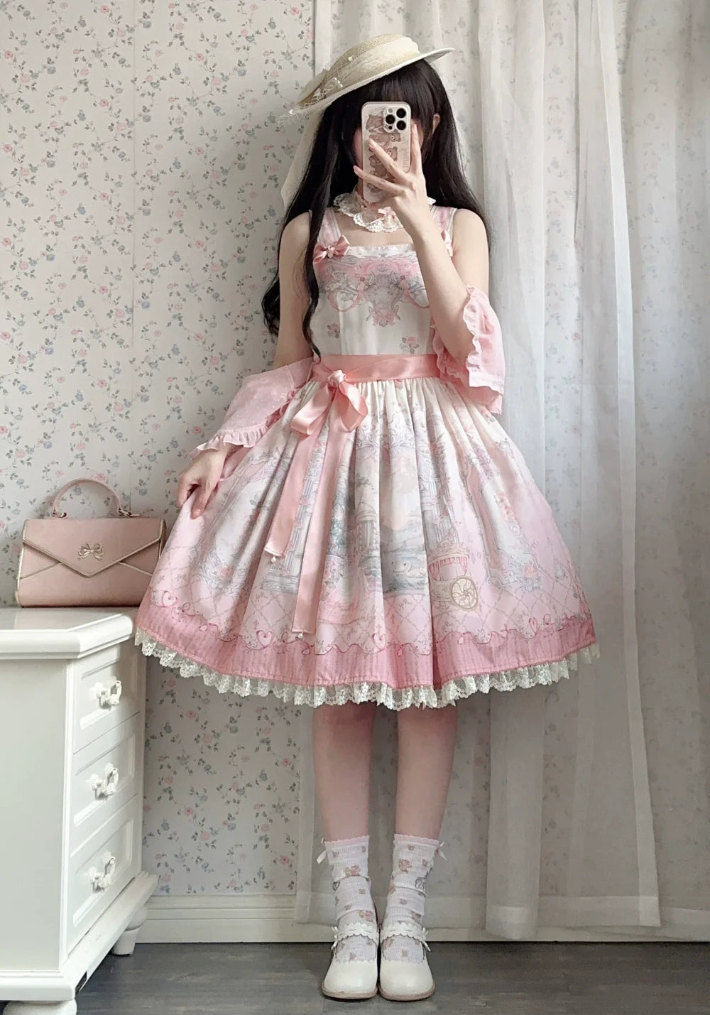 Moon River - Swan Lake Mirror - Pink Sweet Lolita Print JSK Dress