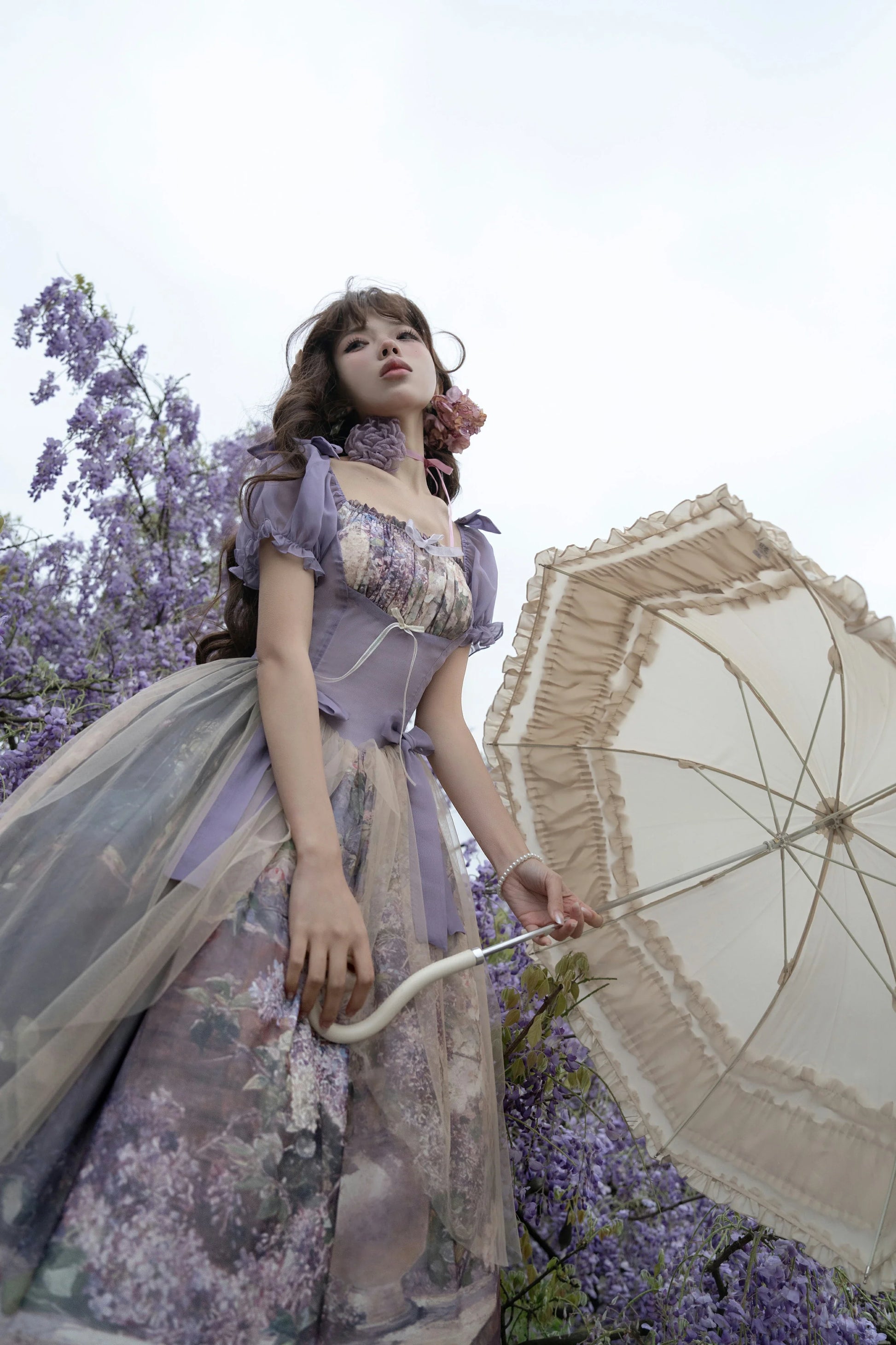 Cyan Lolita - Blooming Tree Shade - Elegant Lolita OP Oil Painting Print Bow Dress