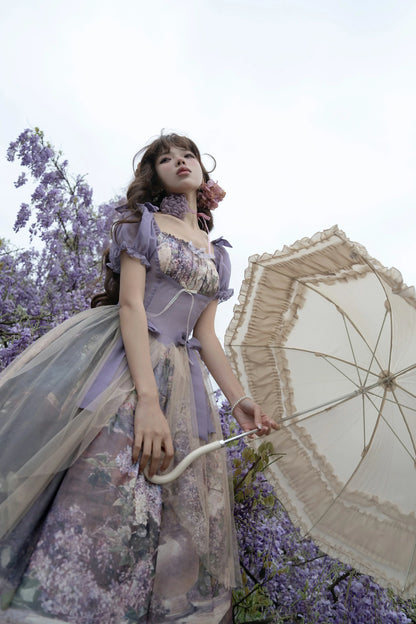 Cyan Lolita - Blooming Tree Shade - Elegant Lolita OP Oil Painting Print Bow Dress