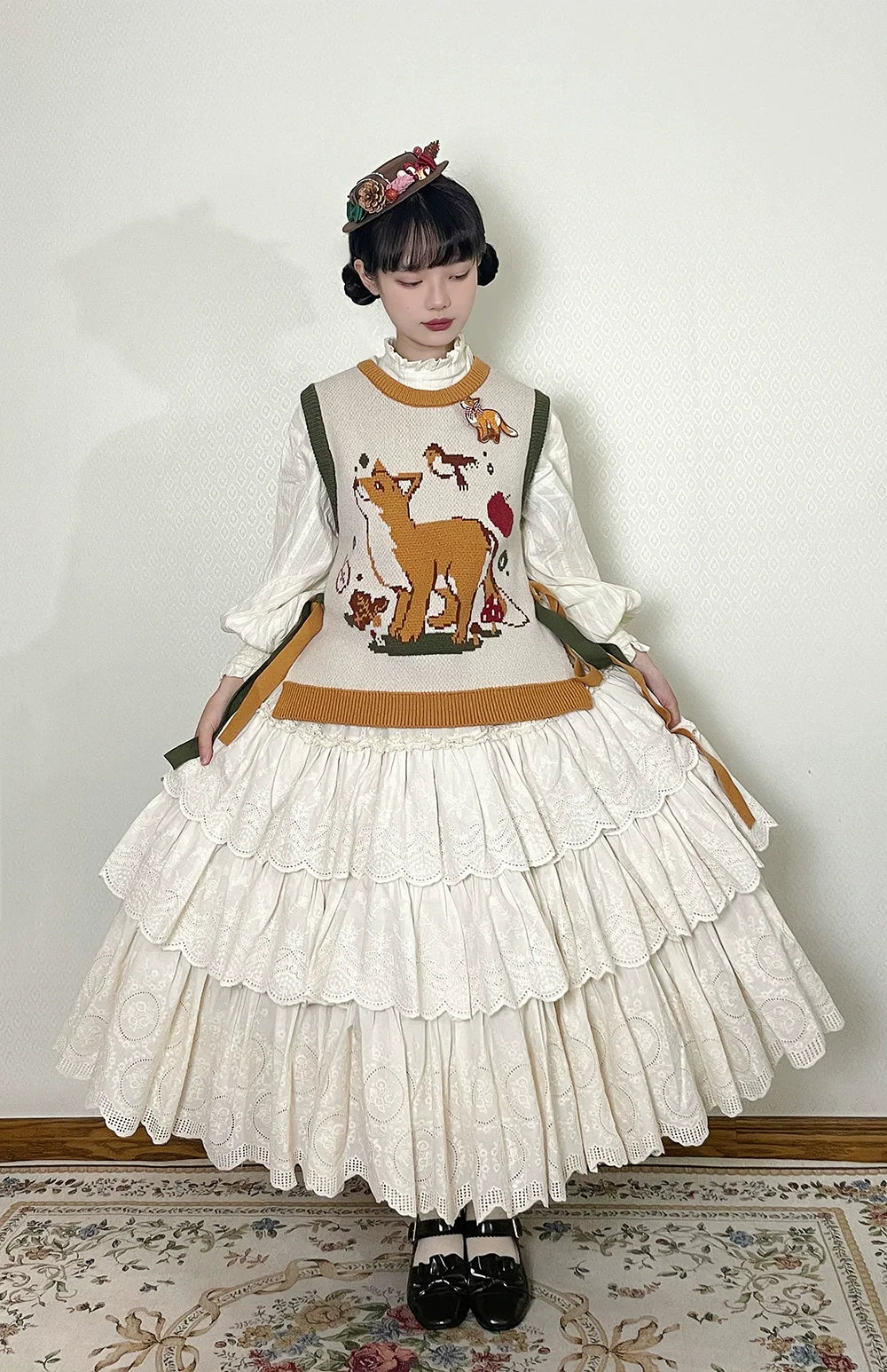 Miss Point - Chubby Fox in the Forest - Customized Lolita Skirt Embroidery Lace Cotton Lolita Skirt