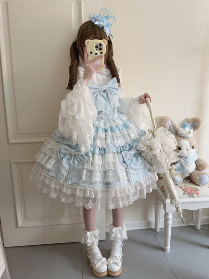 Hanguliang - Cross Heart Knot - Sweet Lolita JSK Suit Tiered Ruffles Dress with Lace Blouse