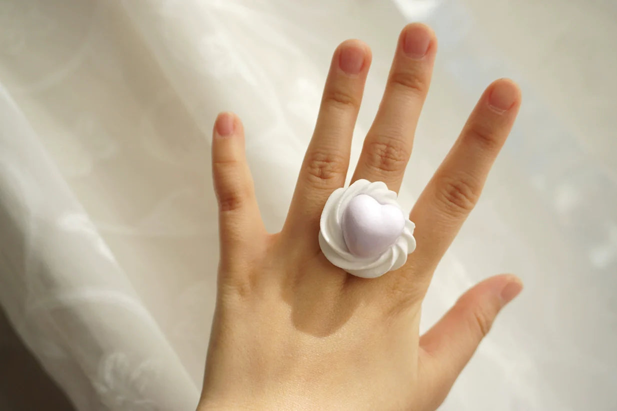 Cat Tea Party - Cute Lolita Ring Handmade Clay Cream Heart Shape Adjustable Ring