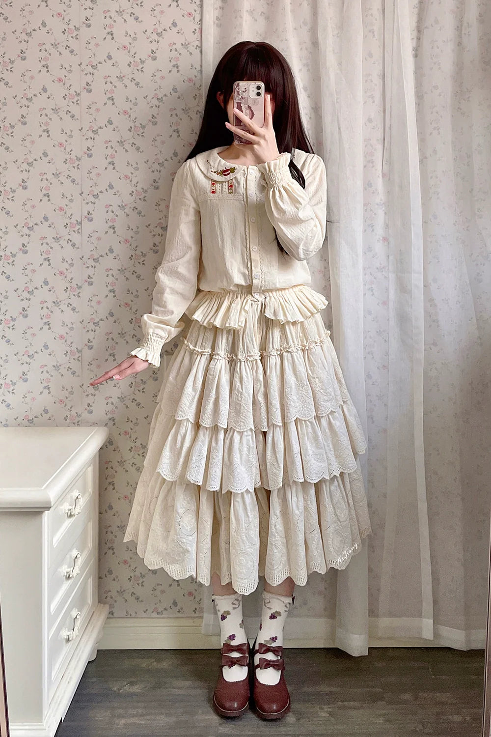 Miss Point - Chubby Fox in the Forest - Customized Lolita Skirt Embroidery Lace Cotton Lolita Skirt