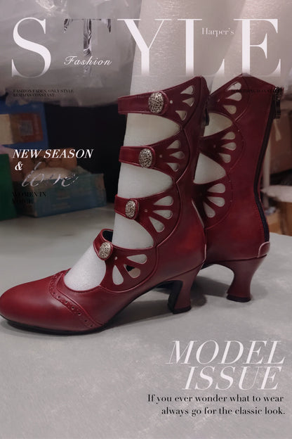 Sentaro - Floral Carved - Vintage Lolita Shoes Mary Jane Hollow-out Ankle Boots