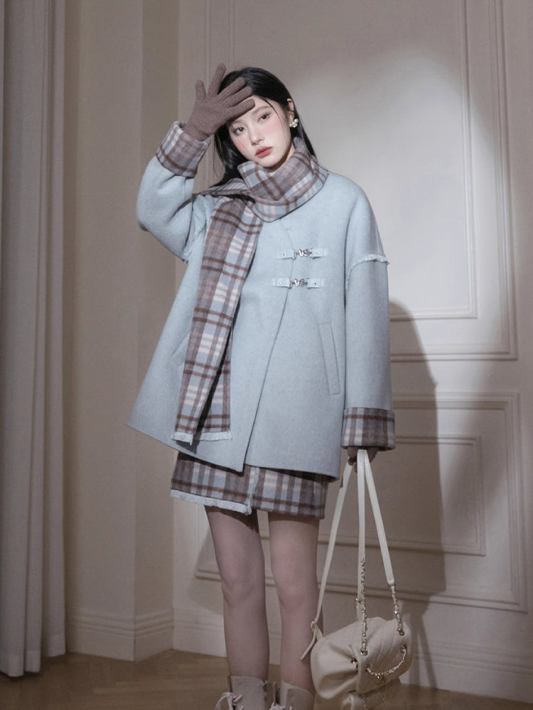Fur edge plaid jacket + skirt【s0000005806】