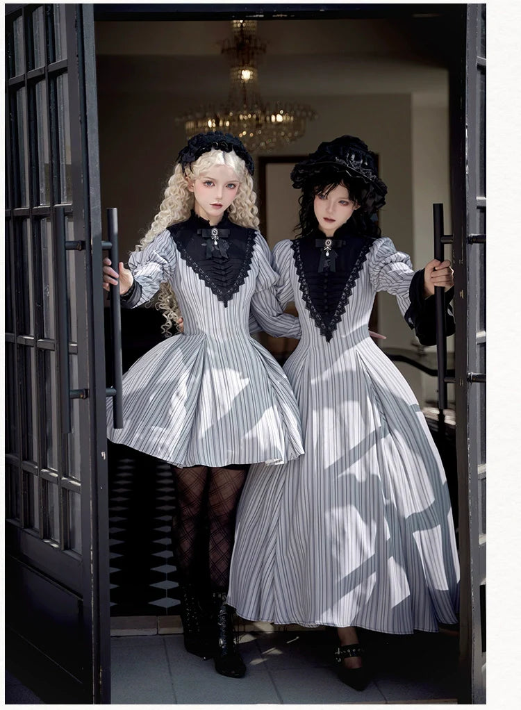 With PUJI - Nocturne SP - Striped Gothic Lolita OP Twin Lolita Dress with Apron