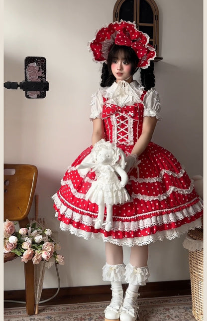 TaTaTa Lolita - Polka Bailys - Old School Lolita JSK Suit Red White Polka Dot Dress
