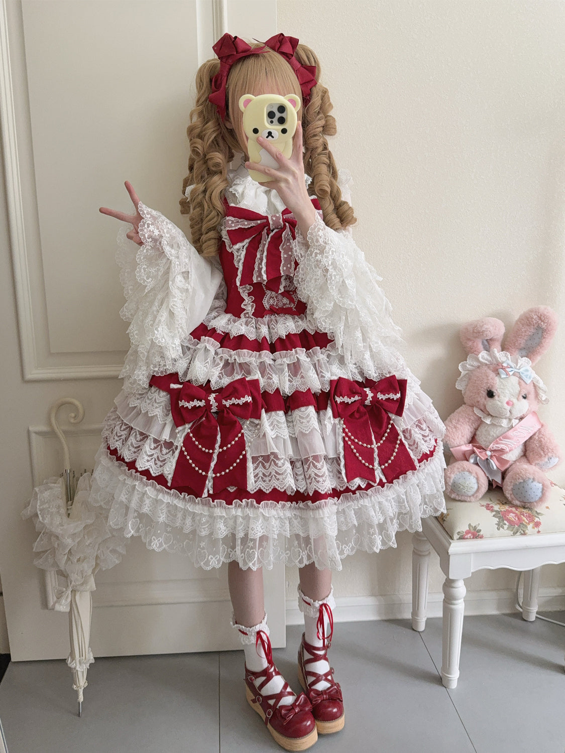 Hanguliang - Cross Heart Knot - Sweet Lolita JSK Suit Tiered Ruffles Dress with Lace Blouse