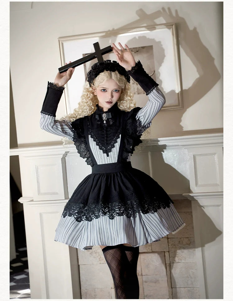 With PUJI - Nocturne SP - Striped Gothic Lolita OP Twin Lolita Dress with Apron
