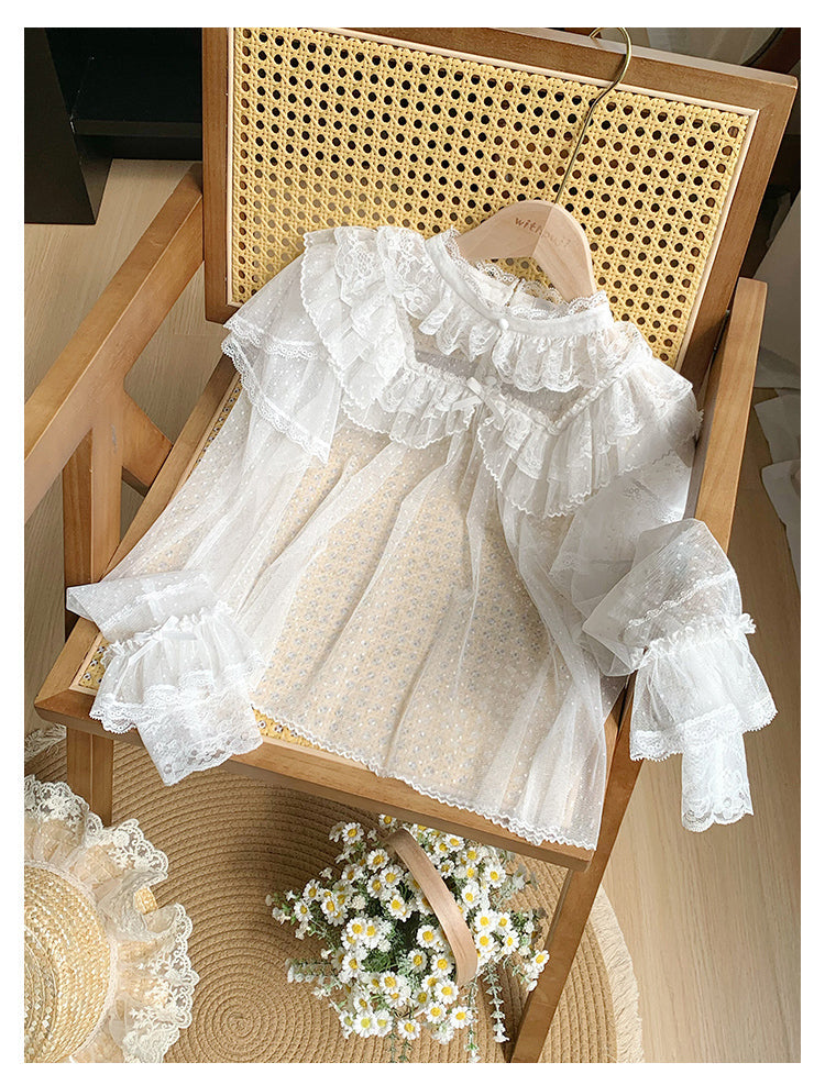With PUJI - Letters and Poems - Summer Classic Lolita Shirt with Dotted Tulle and Long Sleeve