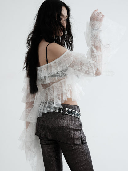 Asymmetrical Sheer Ruffled Lace Blouse