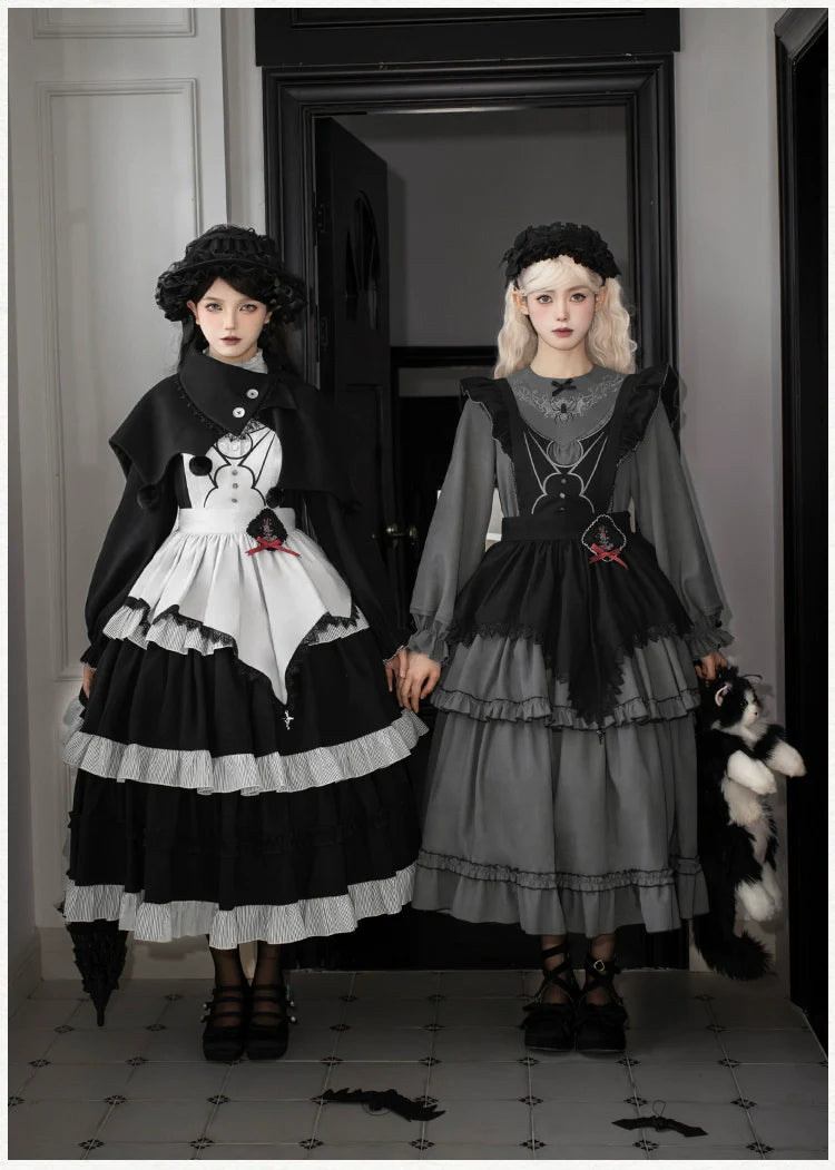 With PUJI - Castle Night - Gothic Twins Lolita OP Three-tiered Embroidery Dress