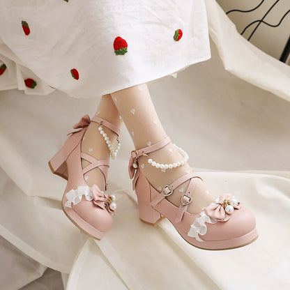 Yana - Round Toe Sweet Lolita Shoes, Detachable Pearl Chain