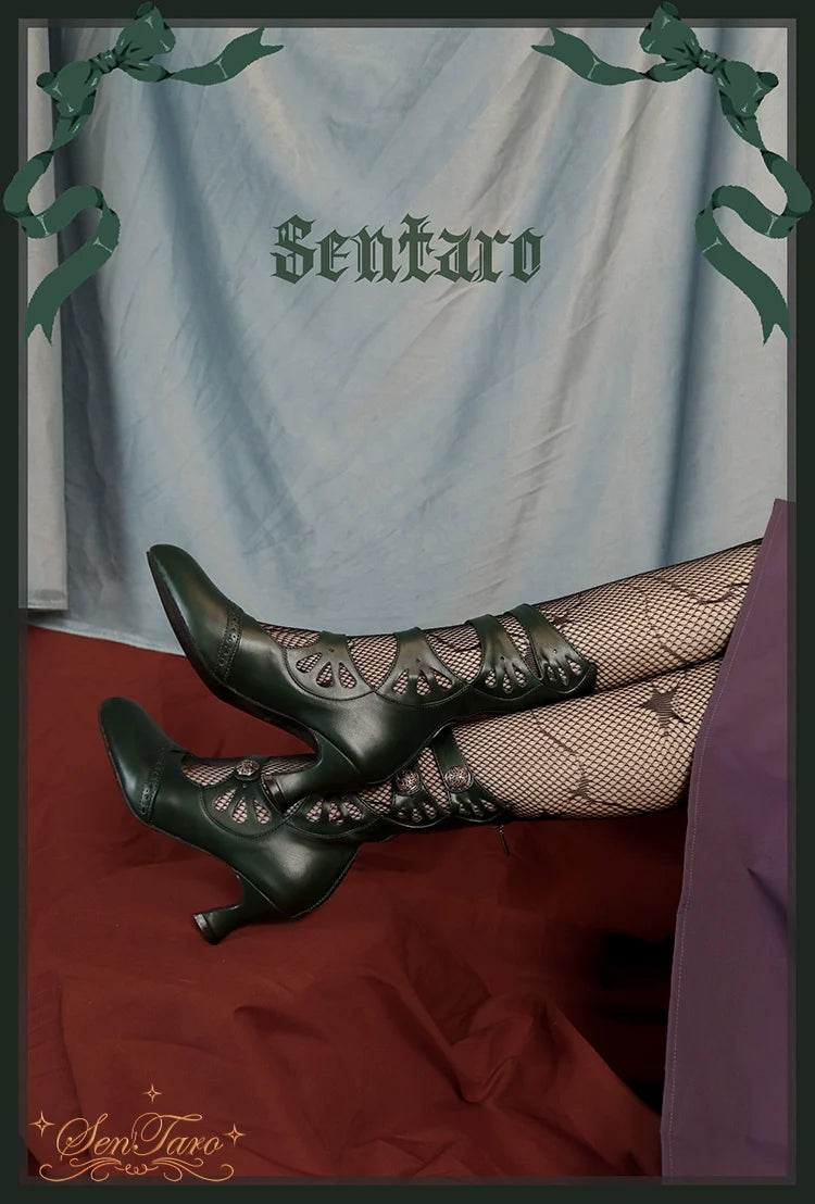 Sentaro - Floral Carved - Vintage Lolita Shoes Mary Jane Hollow-out Ankle Boots