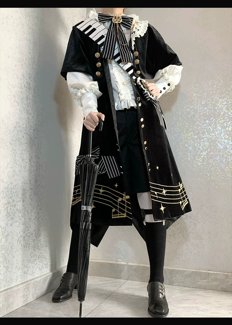 Forest Fluorescent Carps - Black and White Sonata - Ouji Lolita Vest Suit and Vintage Lolita OP Dress