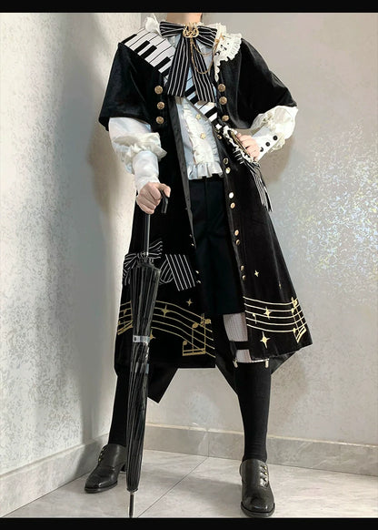 Forest Fluorescent Carps - Black and White Sonata - Ouji Lolita Vest Suit and Vintage Lolita OP Dress