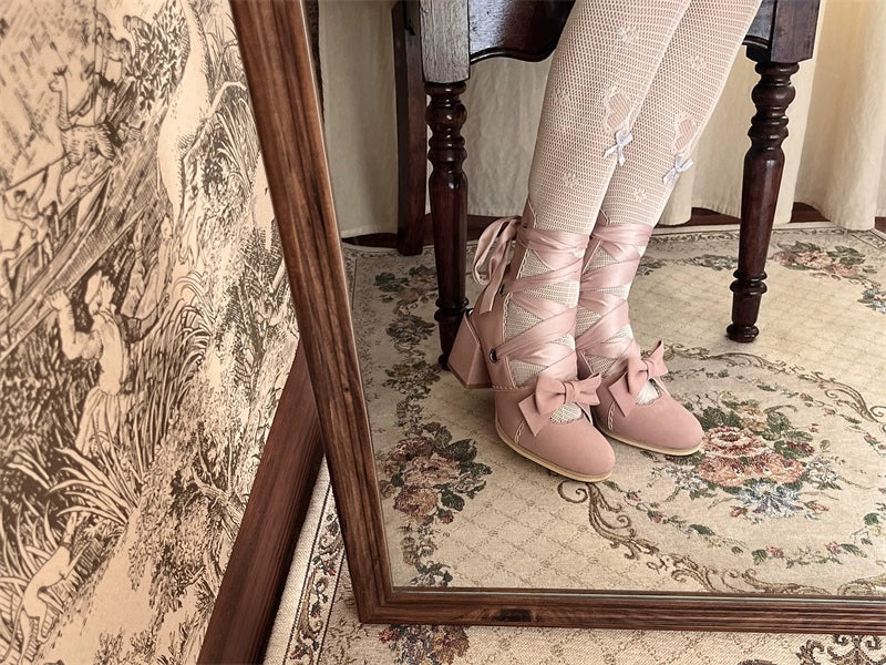 MR.Qiutian - Muse Kiss - Elegant Lolita Shoes Lace-up Bow Heels Round Toe