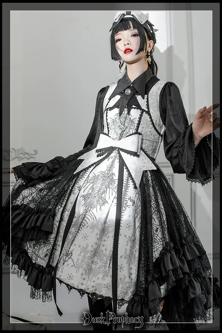 DuskProphecy - Coccyx - Elegant Lolita Dress High Waist Fishbone Print JSK Set