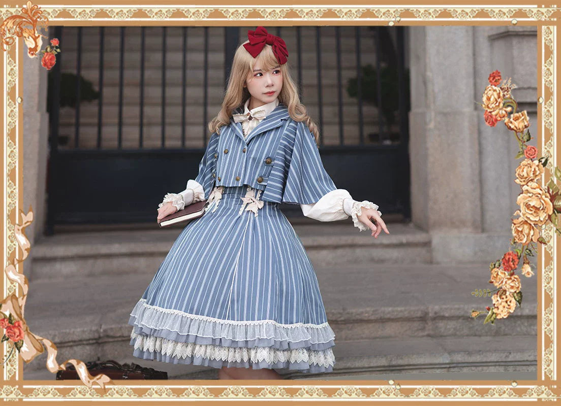 Infanta - Elegant Lolita Stripe High-waist Jumper Dress Set and Cape