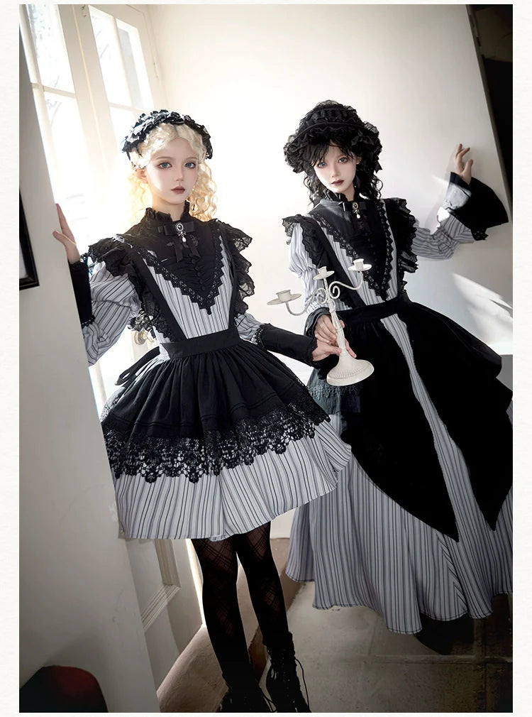 With PUJI - Nocturne SP - Striped Gothic Lolita OP Twin Lolita Dress with Apron