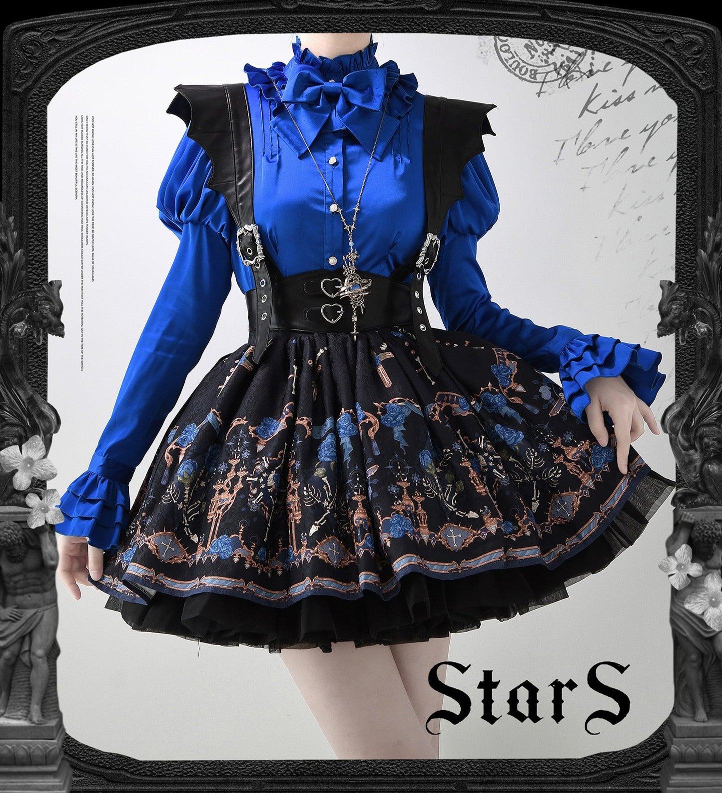 Nn Star - Dragonbone Lily - Gothic Lolita Satin Shirt with Vintage Julie Sleeves