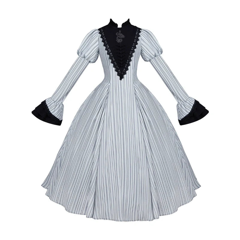 With PUJI - Nocturne SP - Striped Gothic Lolita OP Twin Lolita Dress with Apron