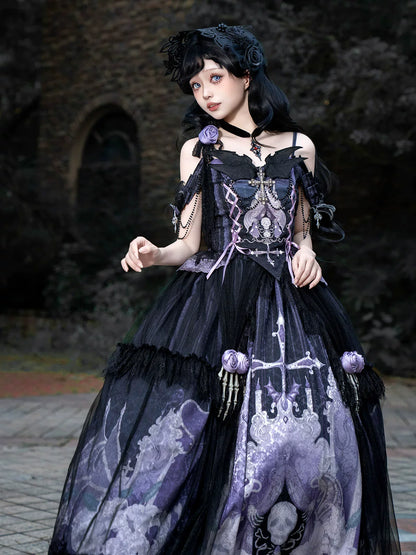 Your Princess - Withered Bone Specter - Gothic Lolita Skirt Set, Rose & Skeleton Hand Decor