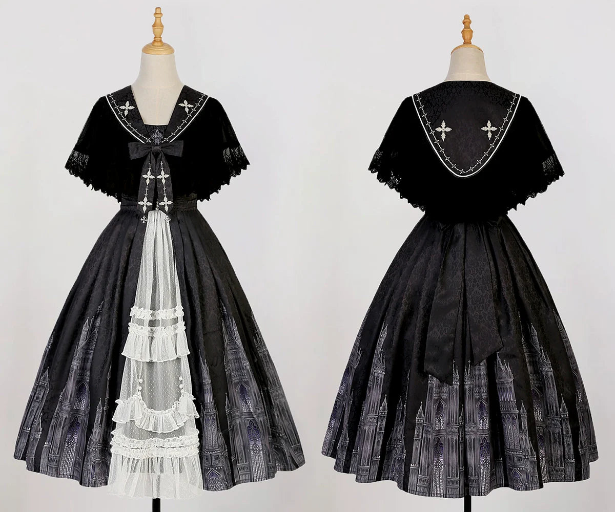 Cornfield Lolita - Silent Church - Gothic Lolita JSK Dress Printed Dress Thin Shawl Set