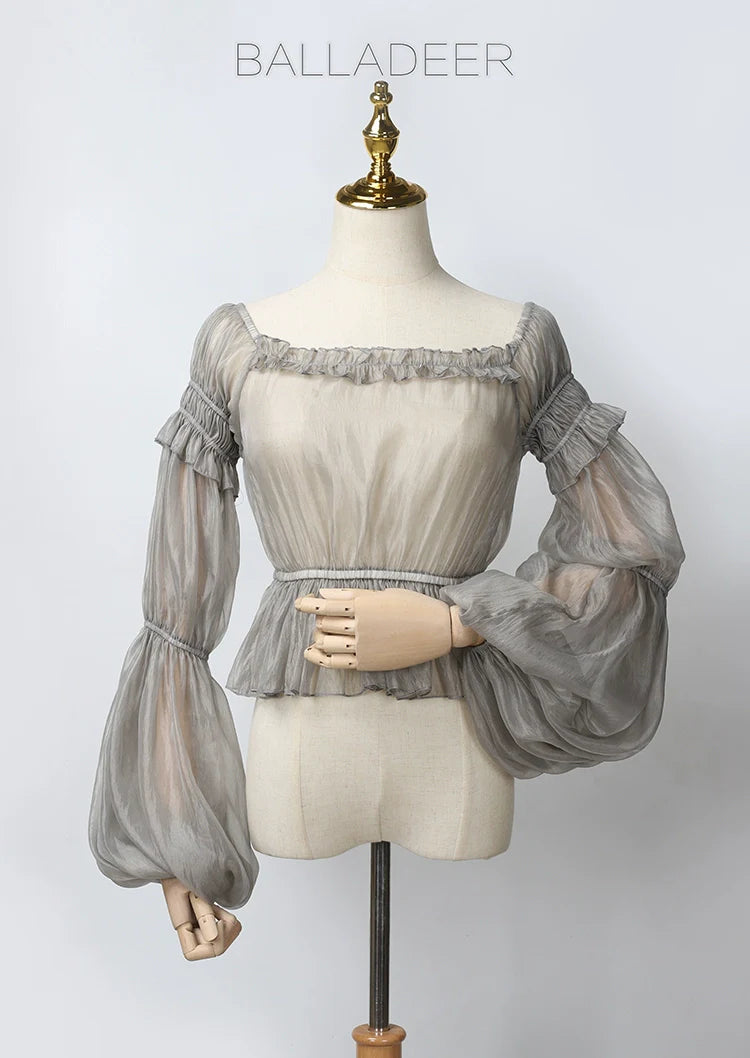 Balladeer - Classic Lolita Shirt Puff Sleeves Open Shoulder Blouse