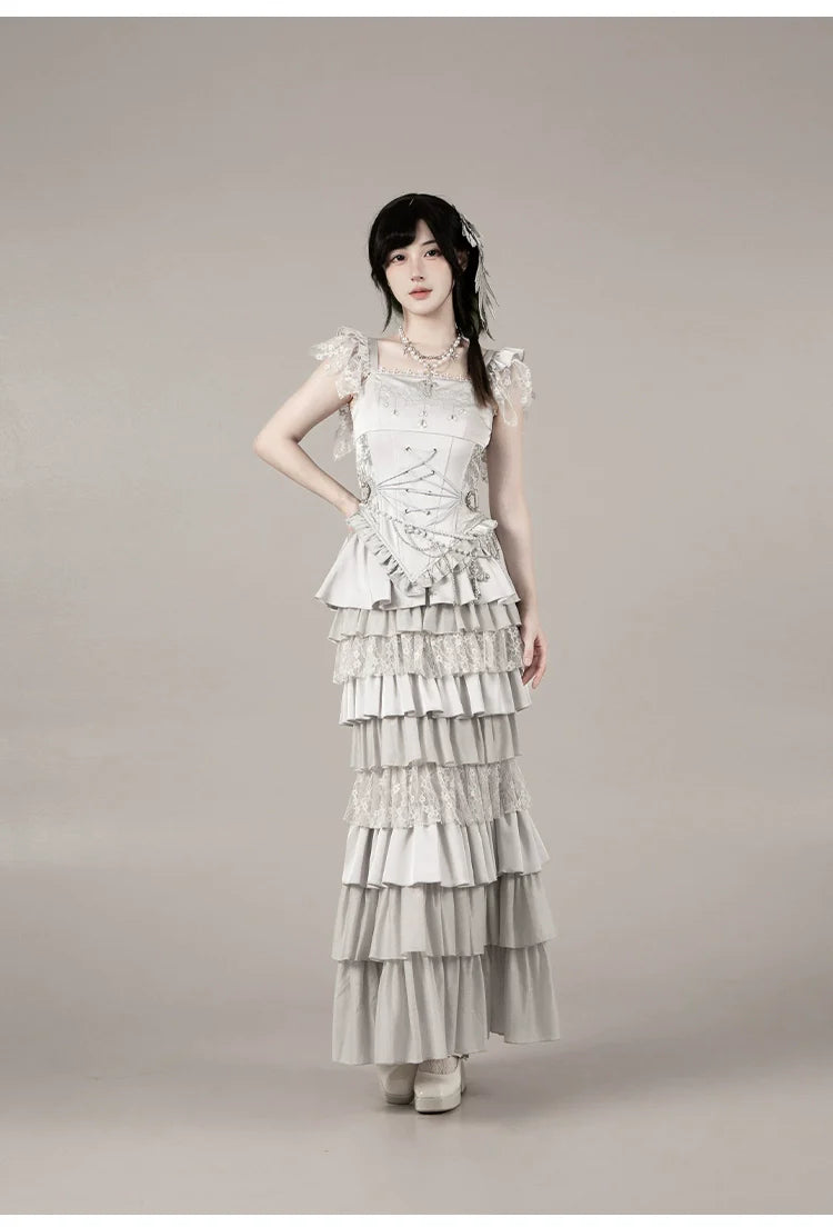 With PUJI - Letter and Poetry ﾂｷ Humanoid Robot - Silver Gothic Lolita Mermaid Skirt Set