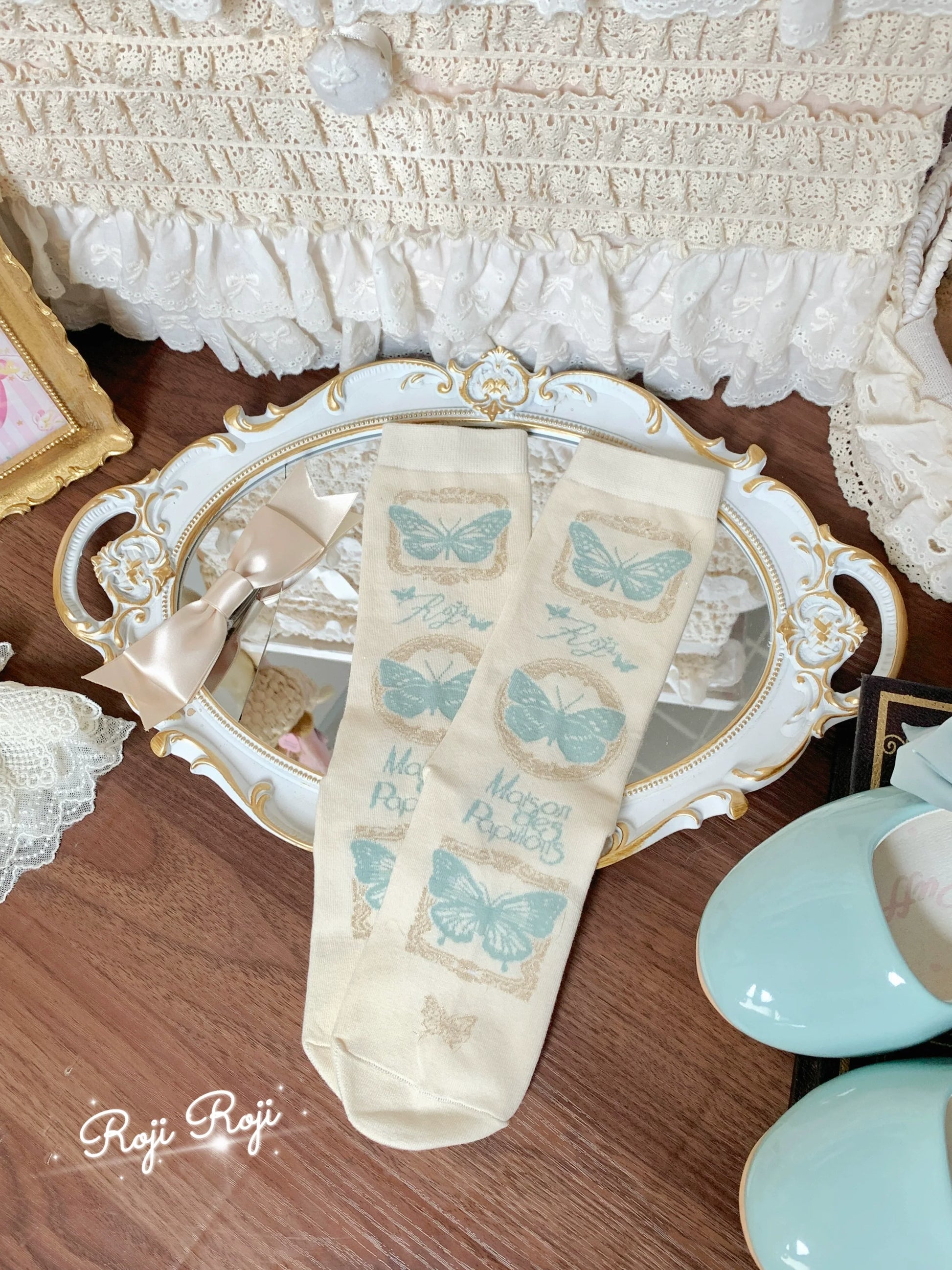 Roji Roji - Sweet Lolita Cotton Socks, Detachable Cuff Bow Trim