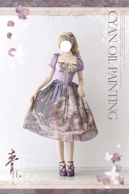 Cyan Lolita - Blooming Tree Shade - Elegant Lolita OP Oil Painting Print Bow Dress