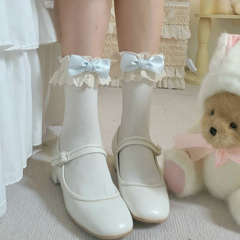 Roji Roji - Cotton Lolita Socks Lace Bow White Socks
