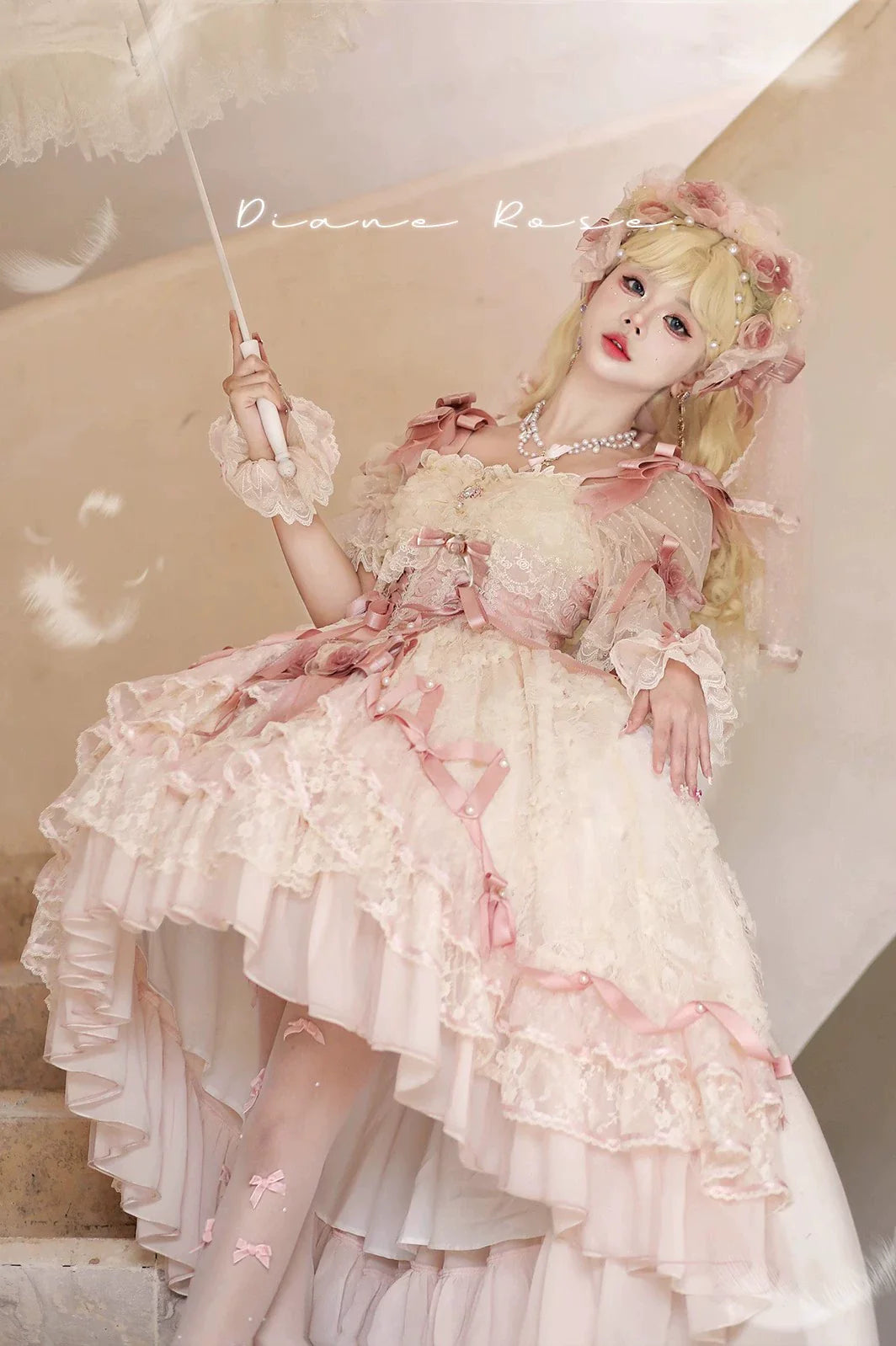 MieYe - Diana Rose - Bridal Lolita Dress Short Wedding OP with Accessories