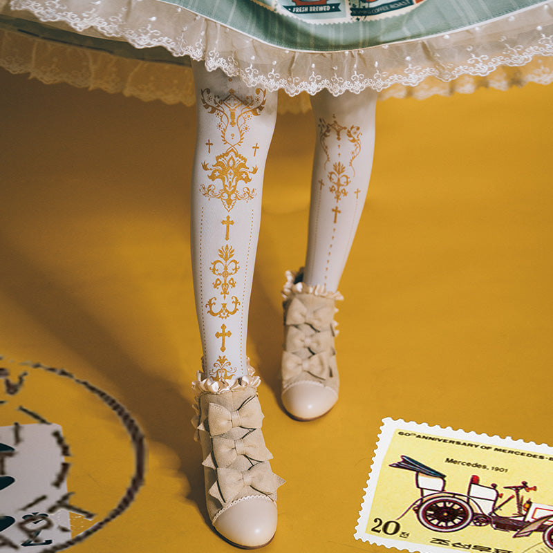 Wulala Mew - Elegant Lolita Pantyhose Daily Gold Foil Printing Tights