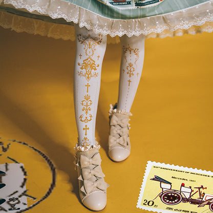 Wulala Mew - Elegant Lolita Pantyhose Daily Gold Foil Printing Tights