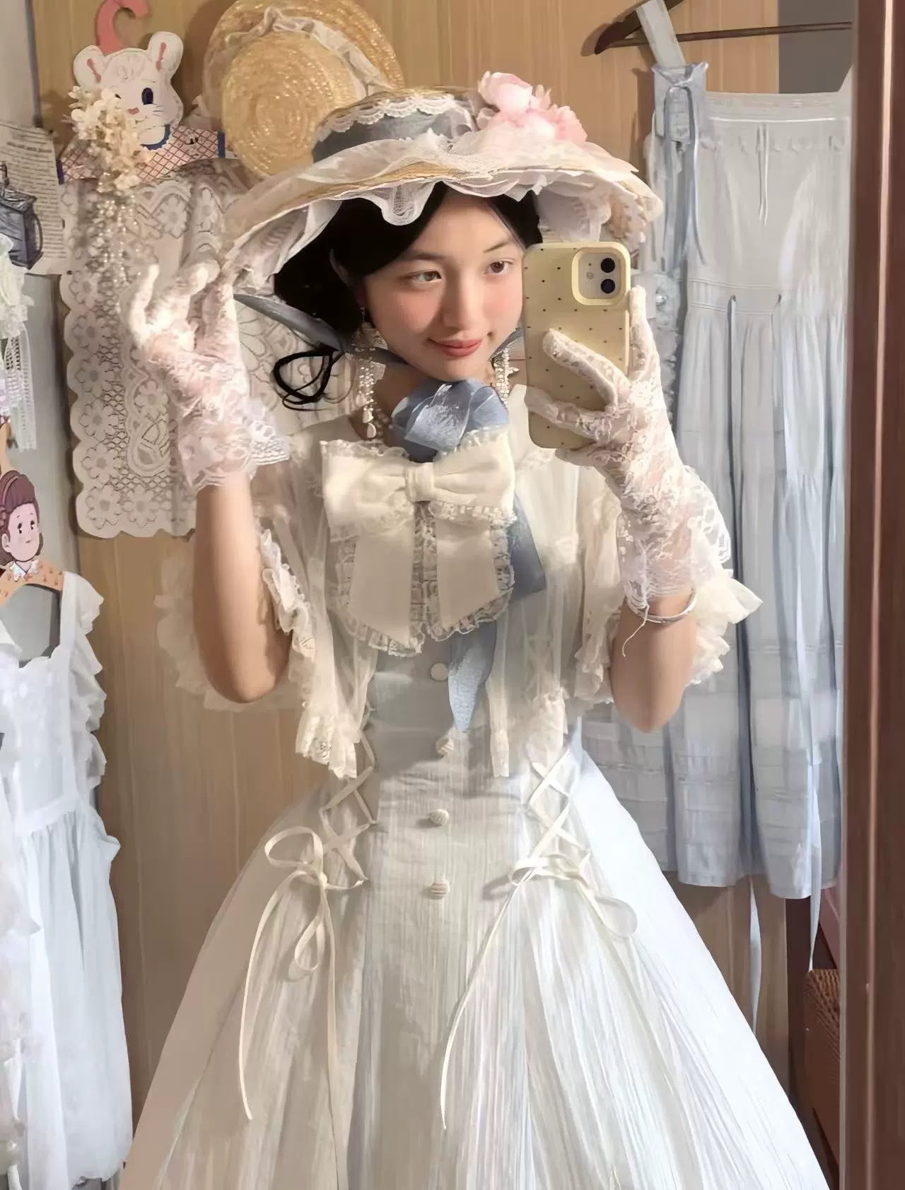 Kuma - Little Wind Chime - Elegant Lolita OP Water Blue Dress With Decorative Tulle Cape