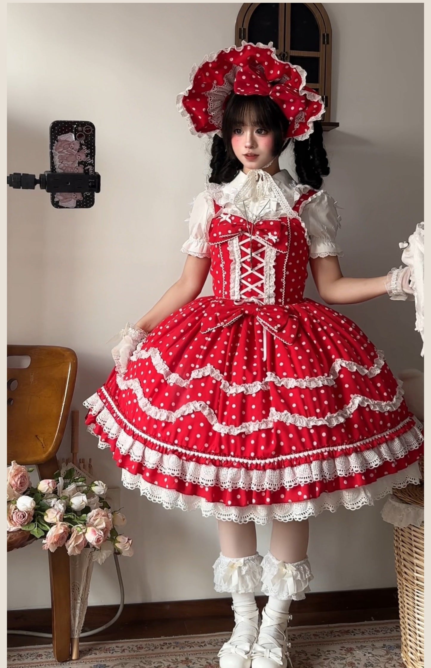 TaTaTa Lolita - Polka Bailys - Old School Lolita JSK Suit Red White Polka Dot Dress