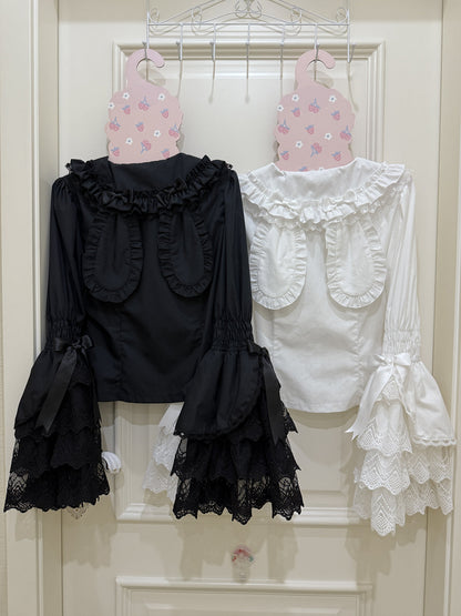 Hanguliang - Cross Heart Knot - Sweet Lolita JSK Suit Tiered Ruffles Dress with Lace Blouse
