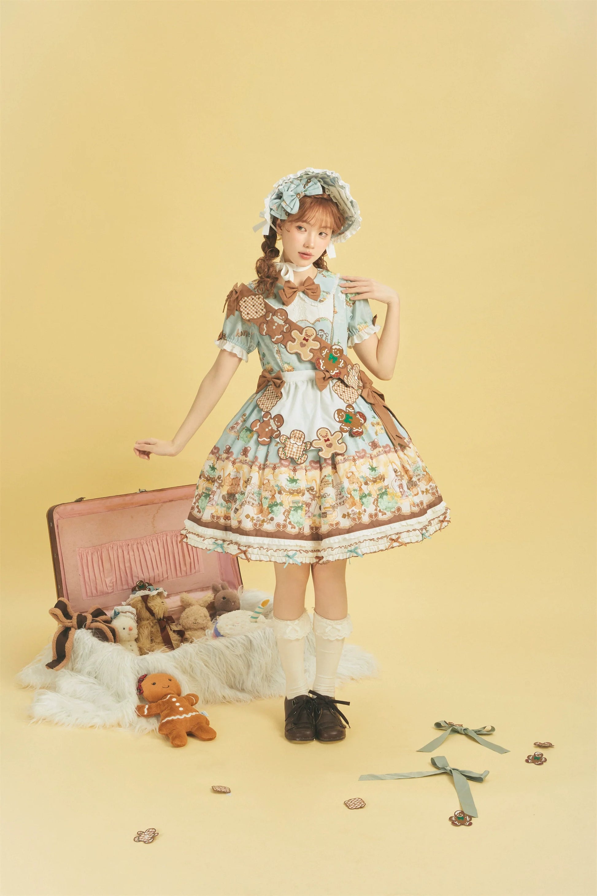 Babyblue - Little Bear Honey Jar - Kawaii Lolita Short Sleeve OP Gingerbread Man Embroidered Dress