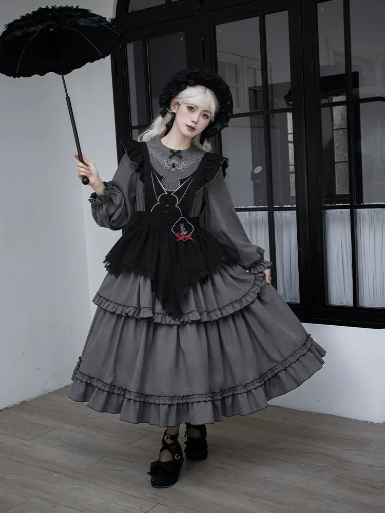 With PUJI - Castle Night - Gothic Twins Lolita OP Three-tiered Embroidery Dress
