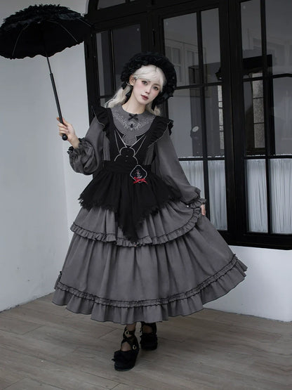 With PUJI - Castle Night - Gothic Twins Lolita OP Three-tiered Embroidery Dress
