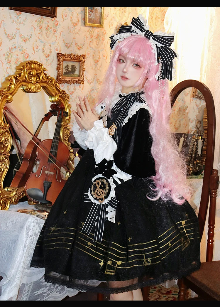 Forest Fluorescent Carps - Black and White Sonata - Ouji Lolita Vest Suit and Vintage Lolita OP Dress