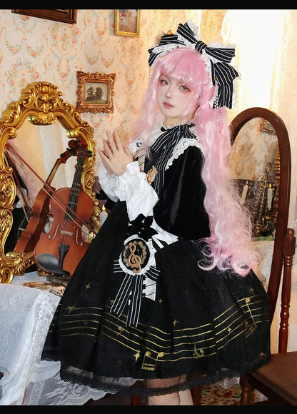 Forest Fluorescent Carps - Black and White Sonata - Ouji Lolita Vest Suit and Vintage Lolita OP Dress