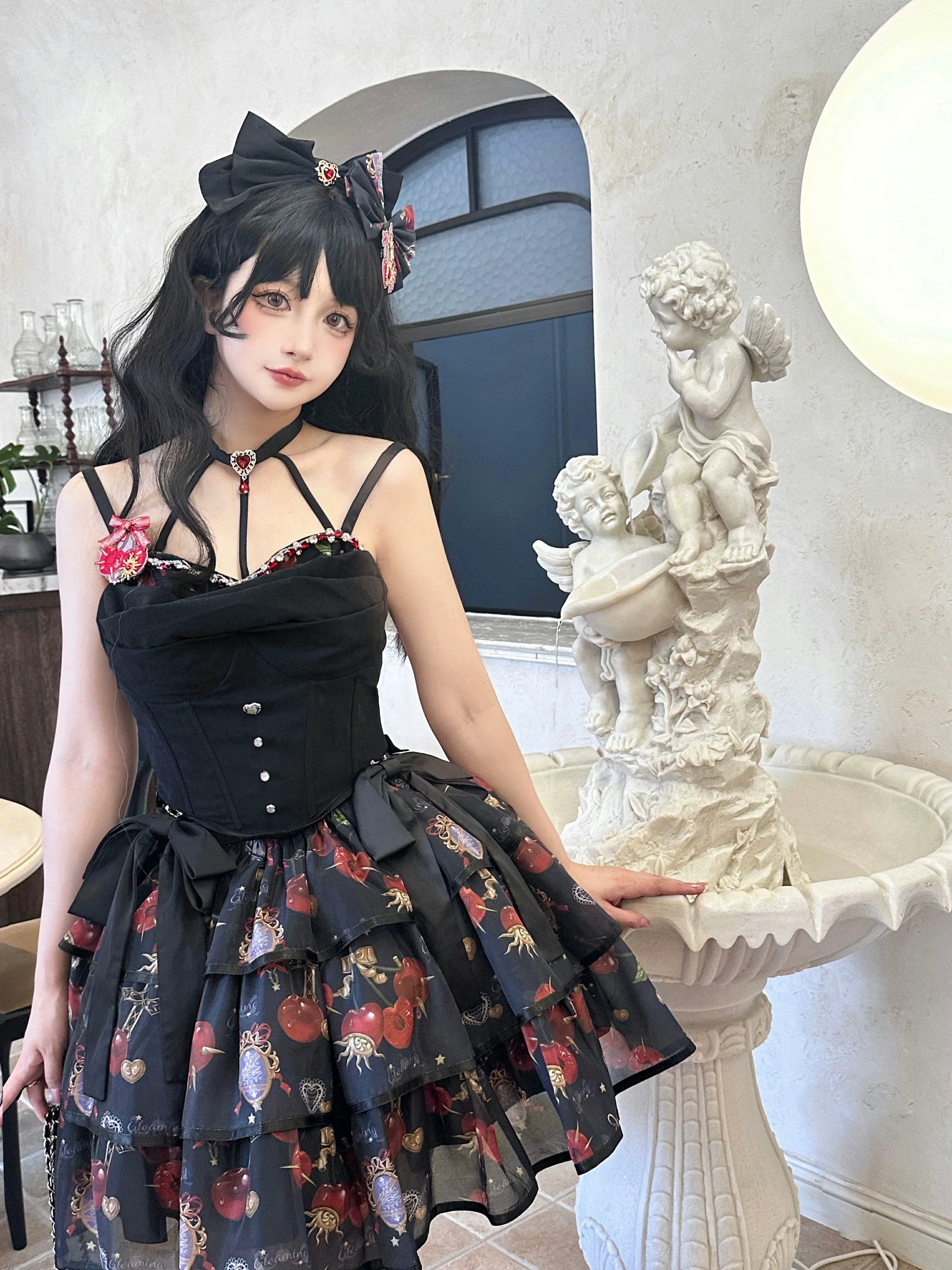 Gloaming - Sweet Lolita Cherry print Short Sleeve OP and SK Set