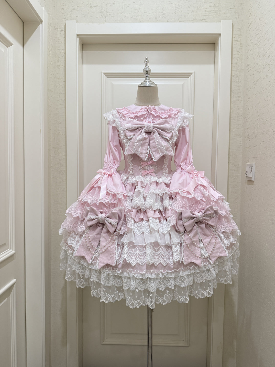 Hanguliang - Cross Heart Knot - Sweet Lolita JSK Suit Tiered Ruffles Dress with Lace Blouse