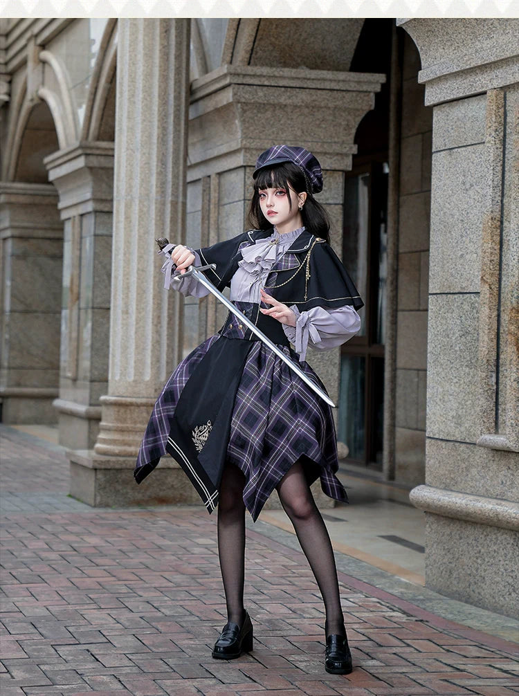 Forest Fluorescent Carps - Queen's Game - Military Lolita OP, Ouji Plaid Lolita Dress Set