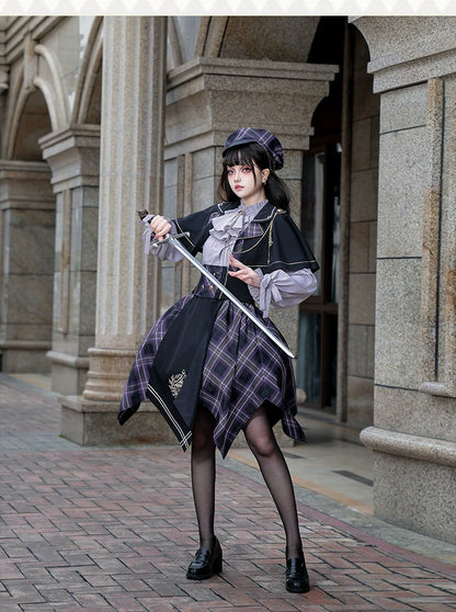 Forest Fluorescent Carps - Queen's Game - Military Lolita OP, Ouji Plaid Lolita Dress Set