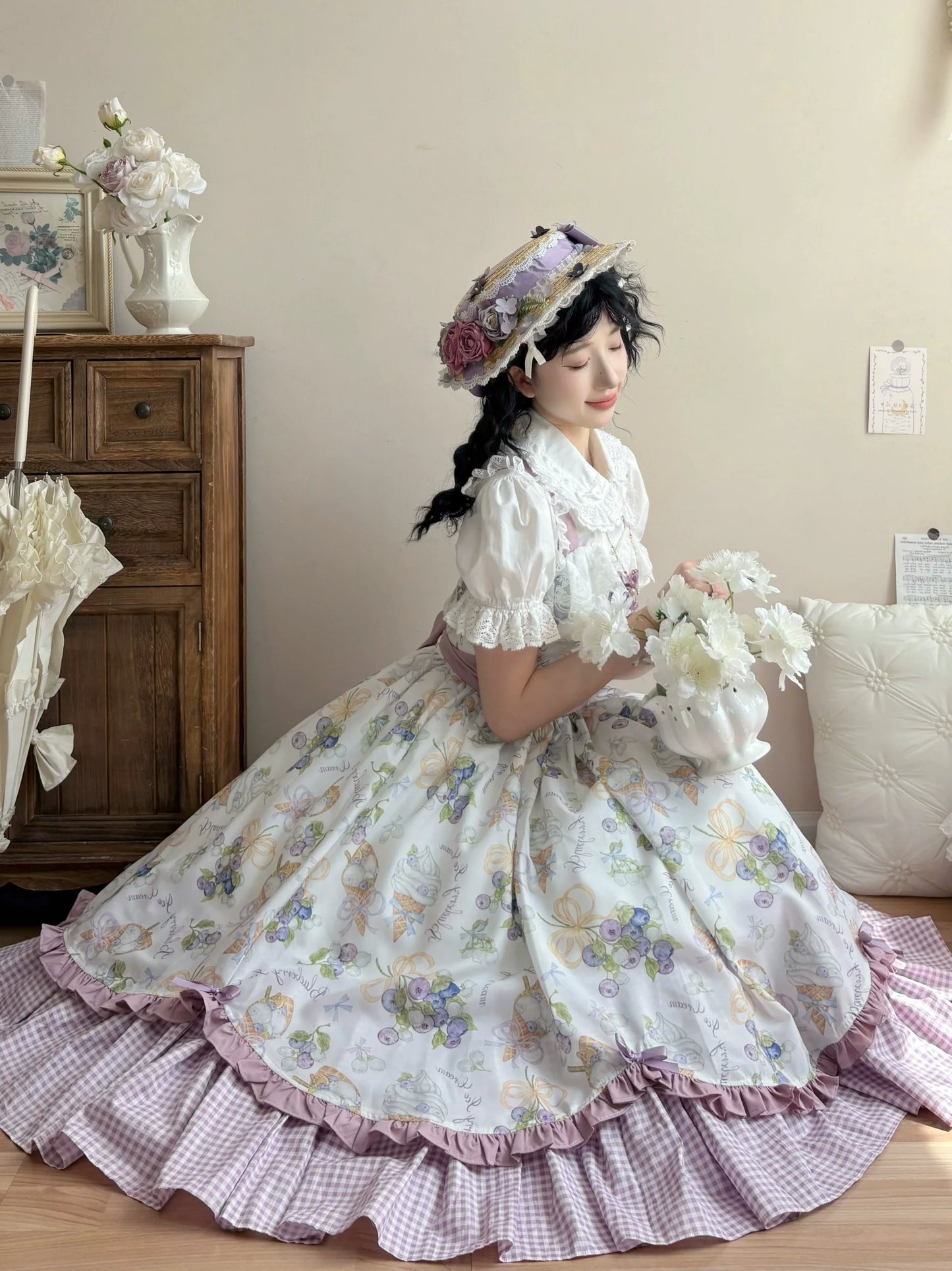 Qianmu - Blueberry Summer - Classic Lolita JSK Dress with Large Hem and Cotton Lining