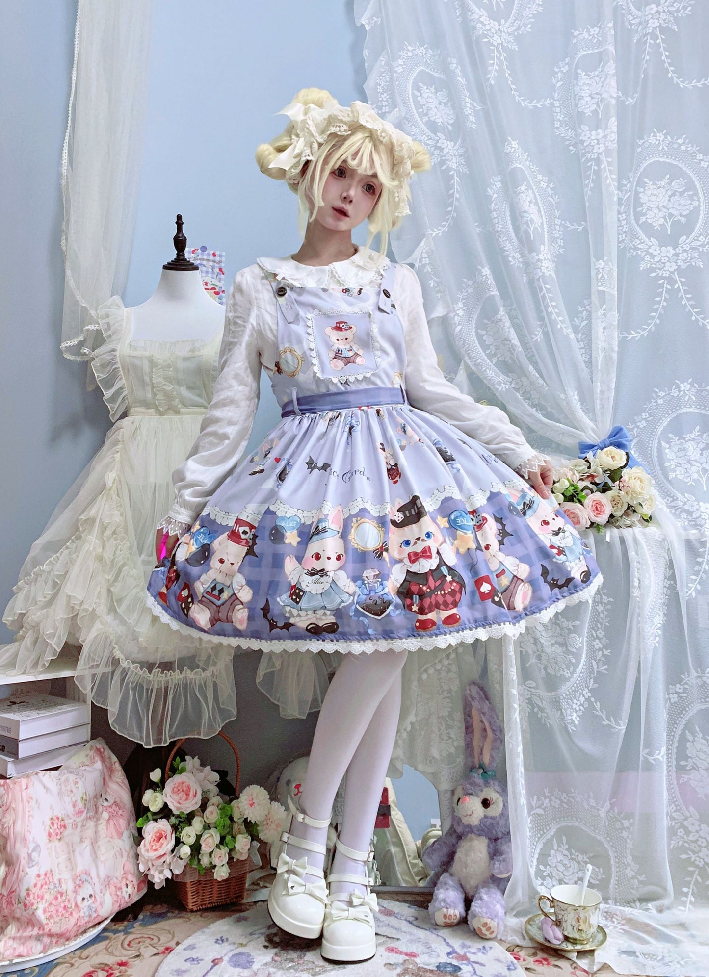 Night Never Sleeps - Bunny Meow Bear - Kawaii Lolita Salopette Bear Print Dress